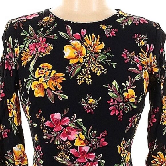 ZARA Floral Dress Black Long Sleeves Scoop Neck Shift Size Medium - Picture 6 of 9